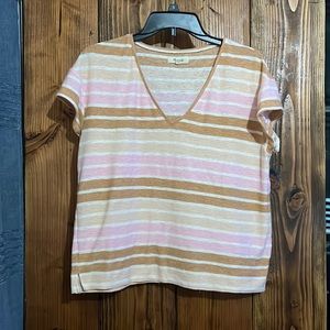 Madewell pink and tan striped v-neck tee